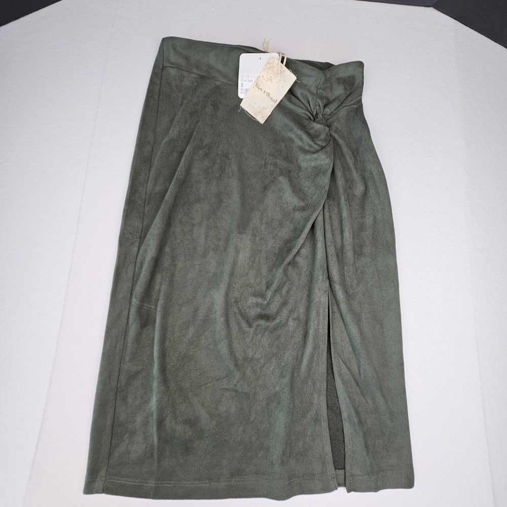 Hem & Thread Olive Green Faux‎ Suede Wrap Front Midi Skirt Lightweight Small NEW
